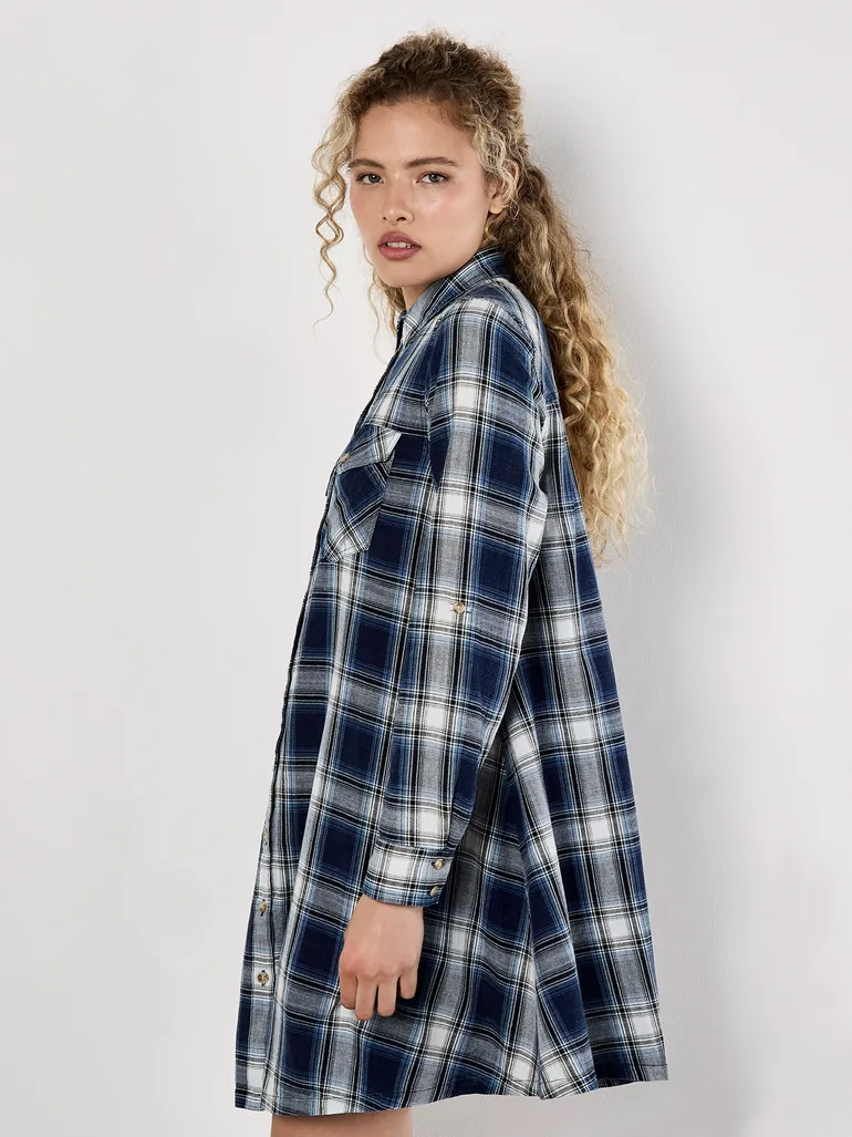 Washed Check Western Shirt Mini Dress - 3