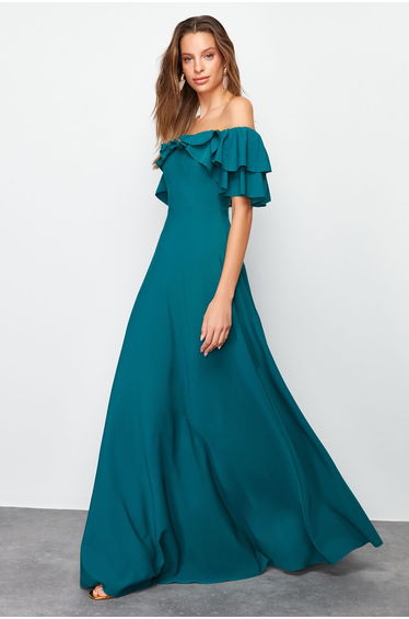 Emerald Green Waist Open/Skater Woven Flounce Long Evening Evening Dress