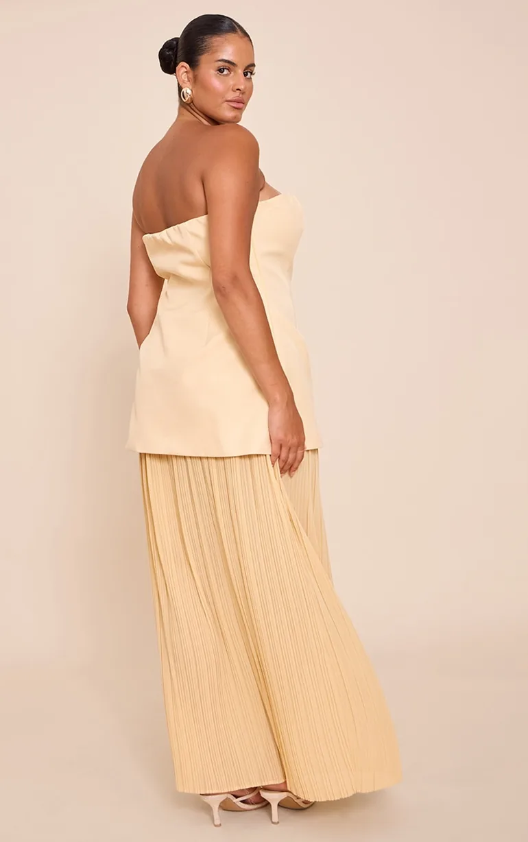 Plus Butter Yellow Chiffon Pleated Skirt Panel Bandeau Maxi Dress - 1