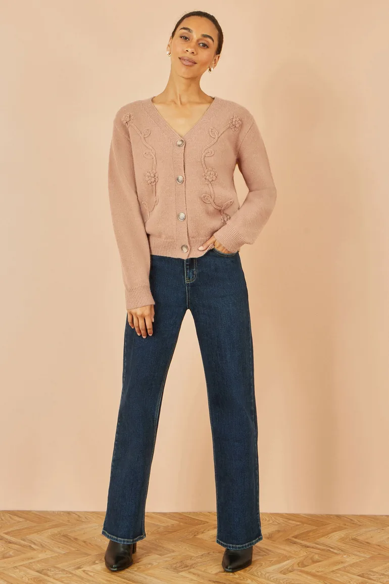 Yumi Brown Floral Embroidered Relaxed Fit Cardigan - 3