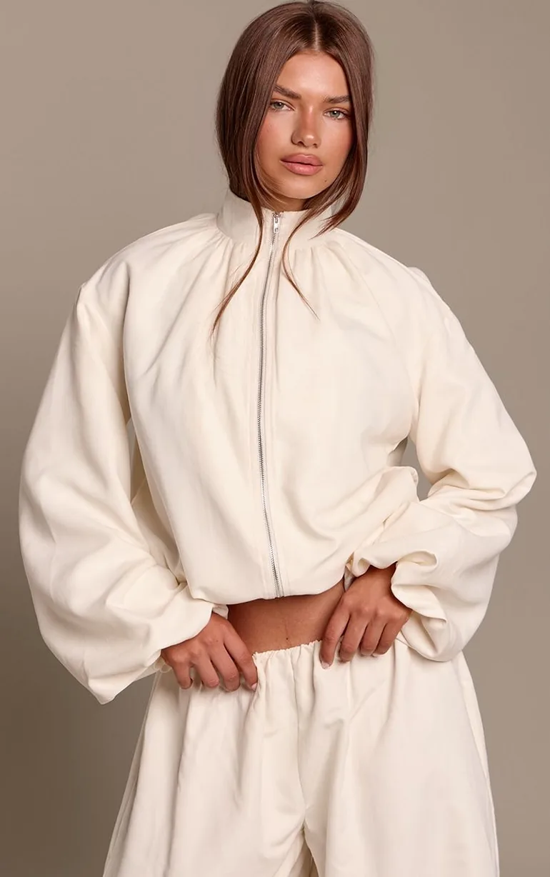 Cream Peach Skin Funnel Neck Jacket Co Ord - 1