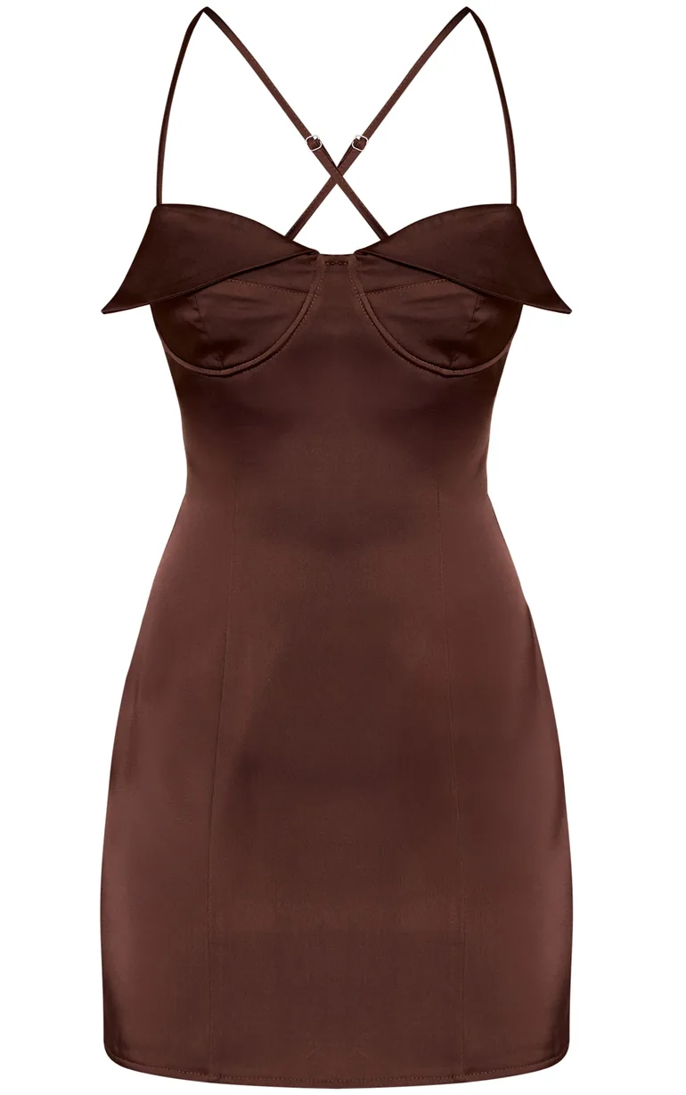 Chocolate Satin Cup Detail Mini Dress - 4
