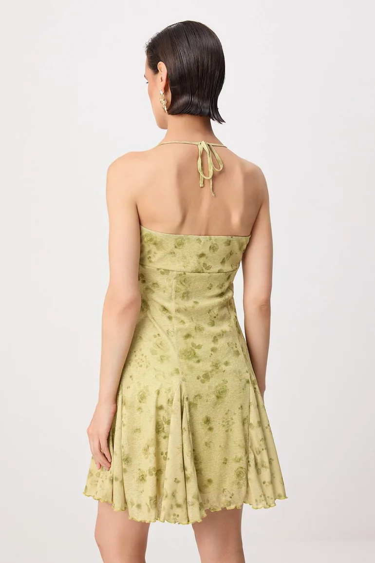 Green Abstract A-Line/A-Line Form Halter Neck Sleeveless Mini Foam Knitted Dress - 3