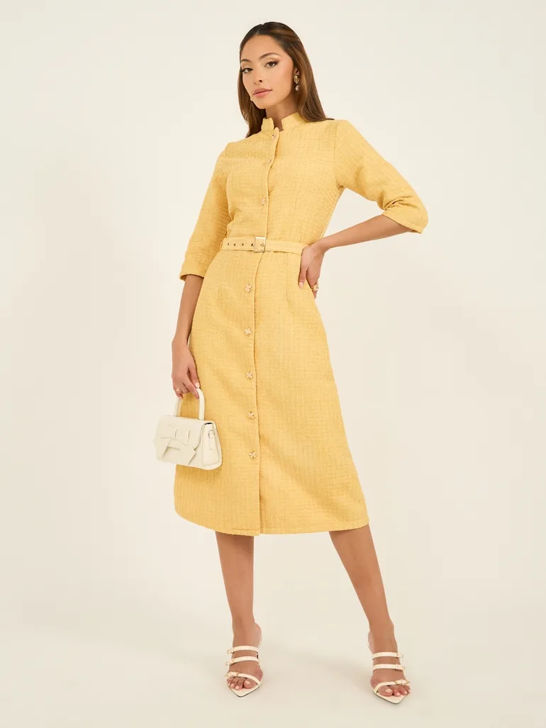 Textured Collared A-Line Midi Dress with Belt