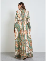 Green All Over Print Plisse Abaya with Tie-Belt - 4