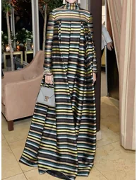Long Sleeves Loose Multi-Colored Pleated Striped High Neck Maxi Dresses - 2