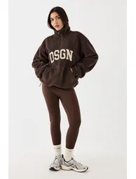 DSGN Studio Applique Borg Quarter Zip Sweatshirt - dark chocolate