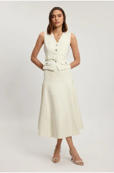 Boucle Tailored Sleeveless Satin Mix Full Skirted Midi Dress