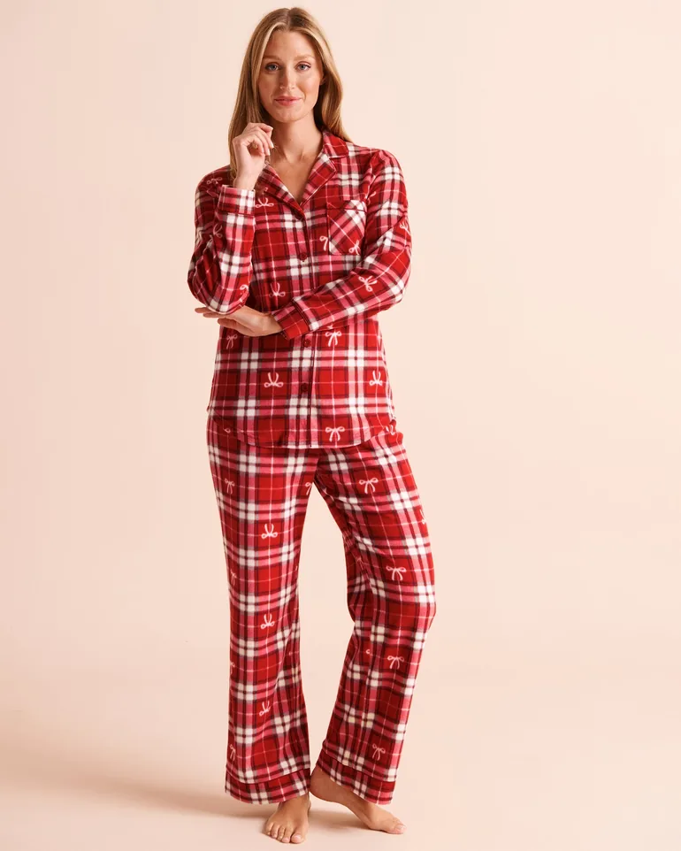 Bow & Plaid Print Microfleece Pajama Set