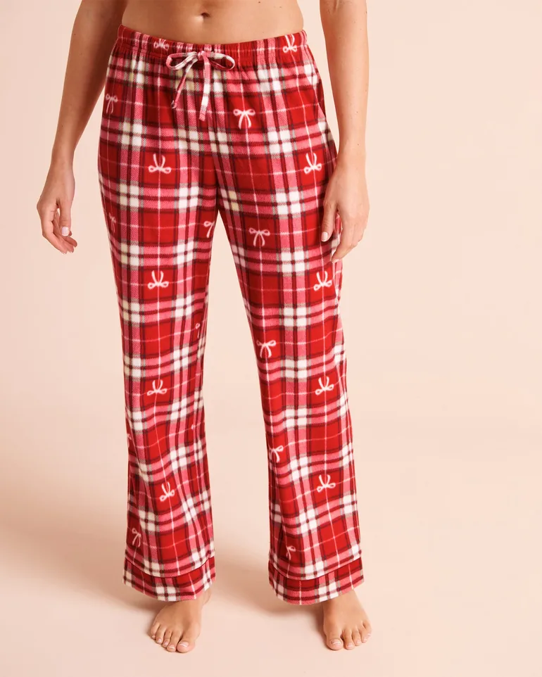 Bow & Plaid Print Microfleece Pajama Set - 3