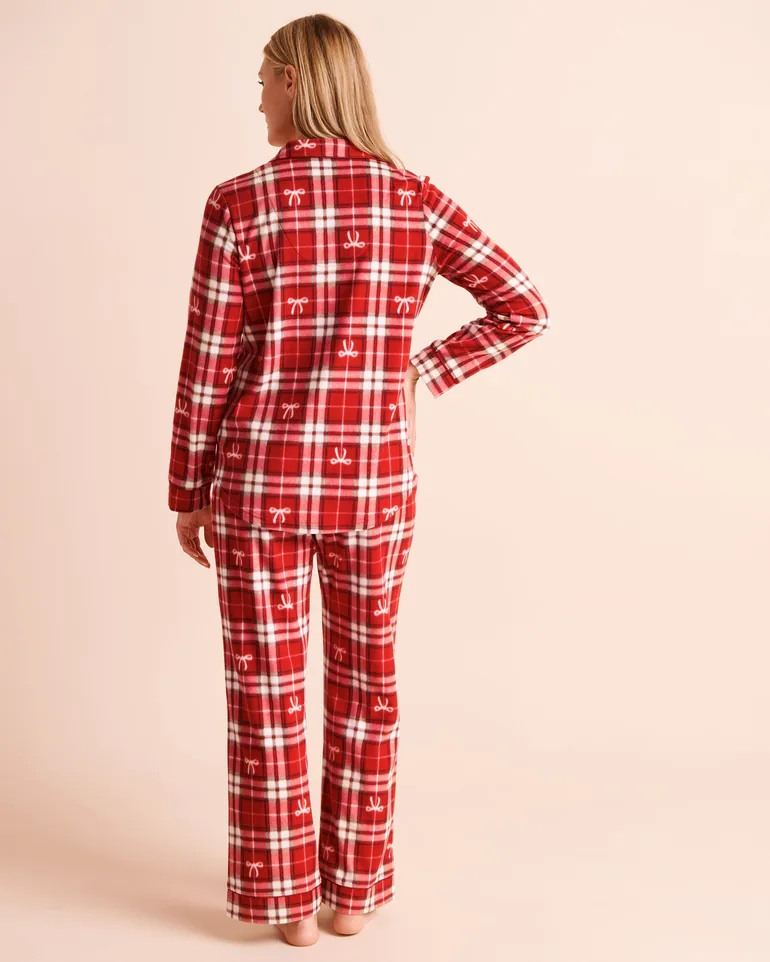 Bow & Plaid Print Microfleece Pajama Set - 1