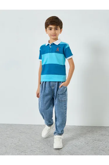 Boys Blue Color Block Polo T-Shirt