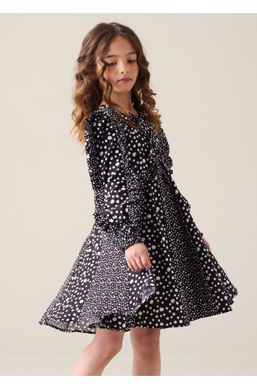 Saskia Frill Godet Dress - Black