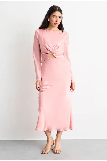 Twist Front Cut Out Bias Cut Midi Dress
