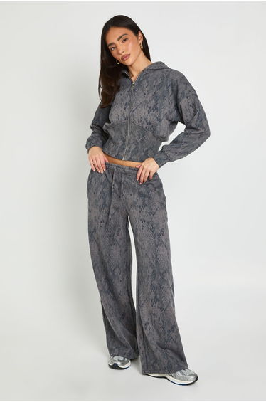 Snake Print Deep Hem Zip Through Hoodie - charcoal product thumbnail 3