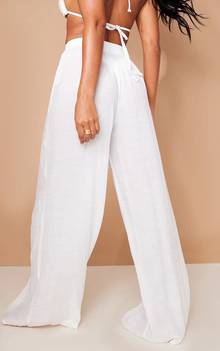 White Woven Palazzo Beach Trousers - 2