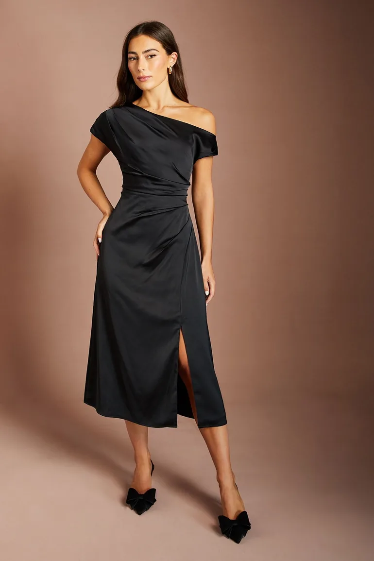 Off Shoulder Satin Side Tie Midi Dress