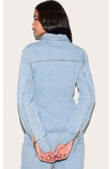 Tall Light Blue Wash Long Sleeve Cinched Denim Shirt product thumbnail 3