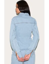Tall Light Blue Wash Long Sleeve Cinched Denim Shirt - 2
