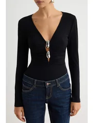 Black Accessory and Low-Cut Detailed Knitted Bodysuit - 2