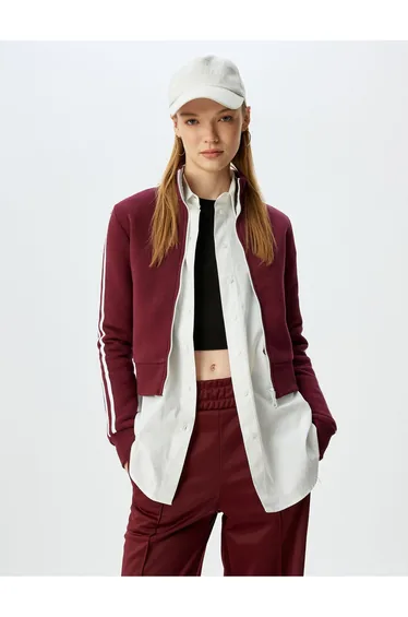 Zippered Crop Sweatshirt Ribbed Stand Collar With Ribbon