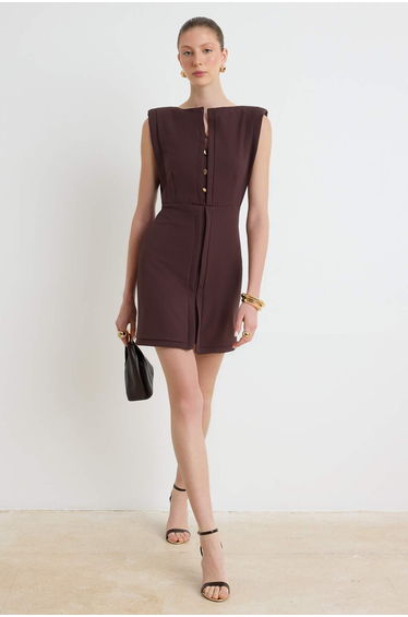Brown Plain Short / Mini Woven Dress