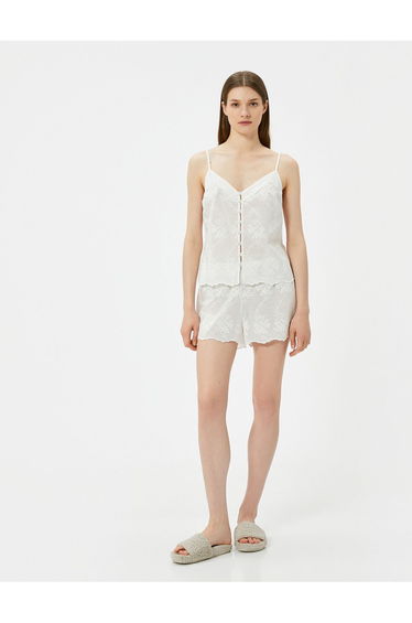 Pajama Top Thin Straps V-Neck Embroidered Buttons