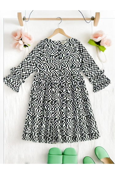 All-Over Print Button Detail Long Sleeves Dress