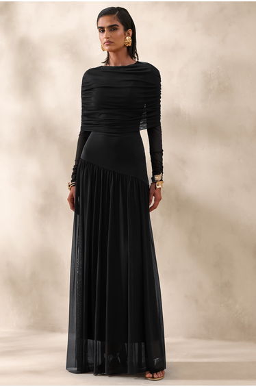 Enalia | Black Mesh High-Neck Maxi Dress With Short-Cape