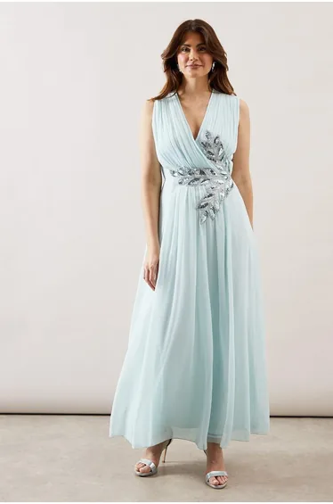 Beaded Embellished Wrap Top Georgette Maxi Dress