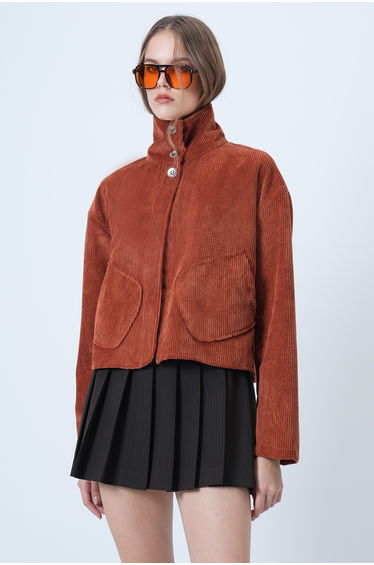 Women's brick red stand collar velvet jacket with pockets