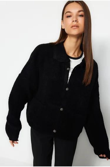 Black Wide Fit Boucle Knitwear Cardigan