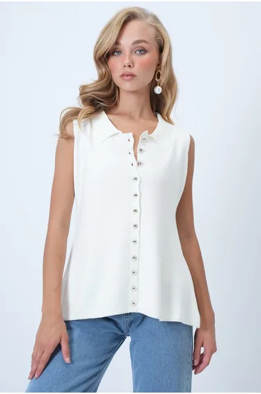 Women's Ecru Polo Collar Gold Buttoned Knit Vest