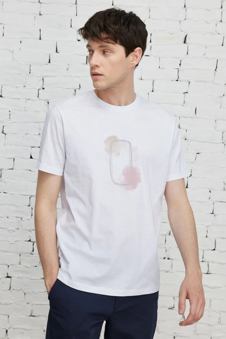 Men's White Slim Fit Slim Fit Crew Neck 100% Cotton Front Printed T-Shirt - 1