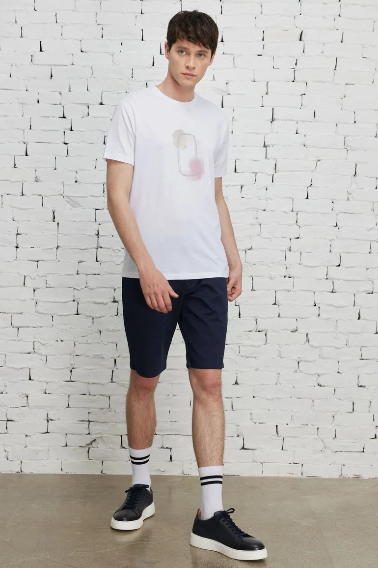Men's White Slim Fit Slim Fit Crew Neck 100% Cotton Front Printed T-Shirt - 3