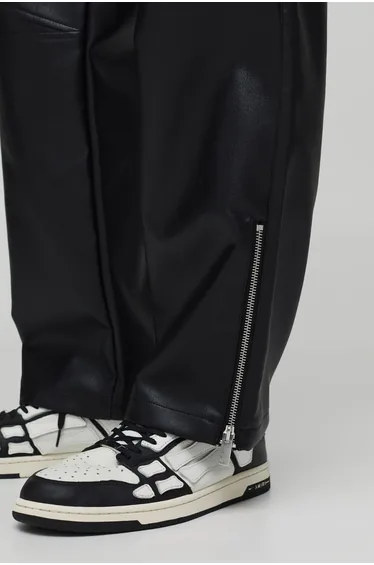 Elasticated Waist PU Relaxed Zip Hem Trouser - black