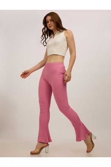Pink Ribbed Basic Flared Leggings