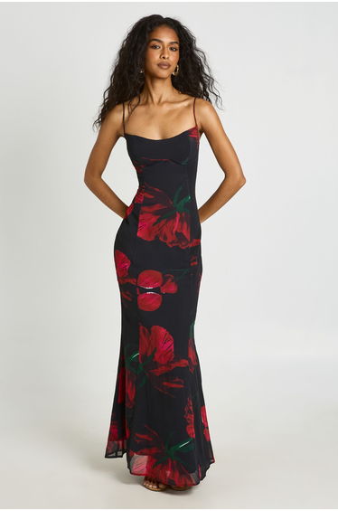 Large Floral Bust Detail Fitted Maxi Dress - black