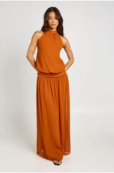 Tall Chiffon Ruched Drop Waist Halter Neck Maxi Dress - rust