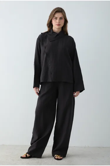 Dark Brown Regular Linen Aerobin Plain Weave Bottom&Top Hijab Bottom - Top Set