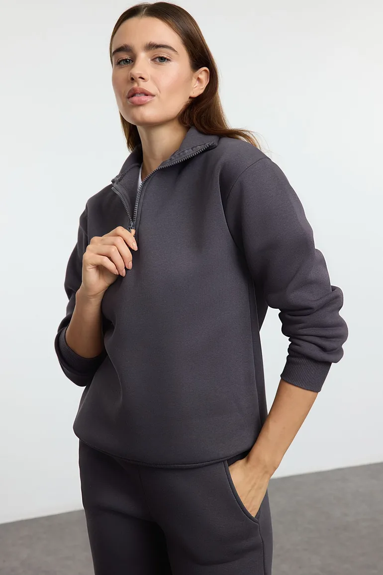 Anthracite Thick Polar Fleece Zippered Stand Collar Jogger Knitted Tracksuit - 1