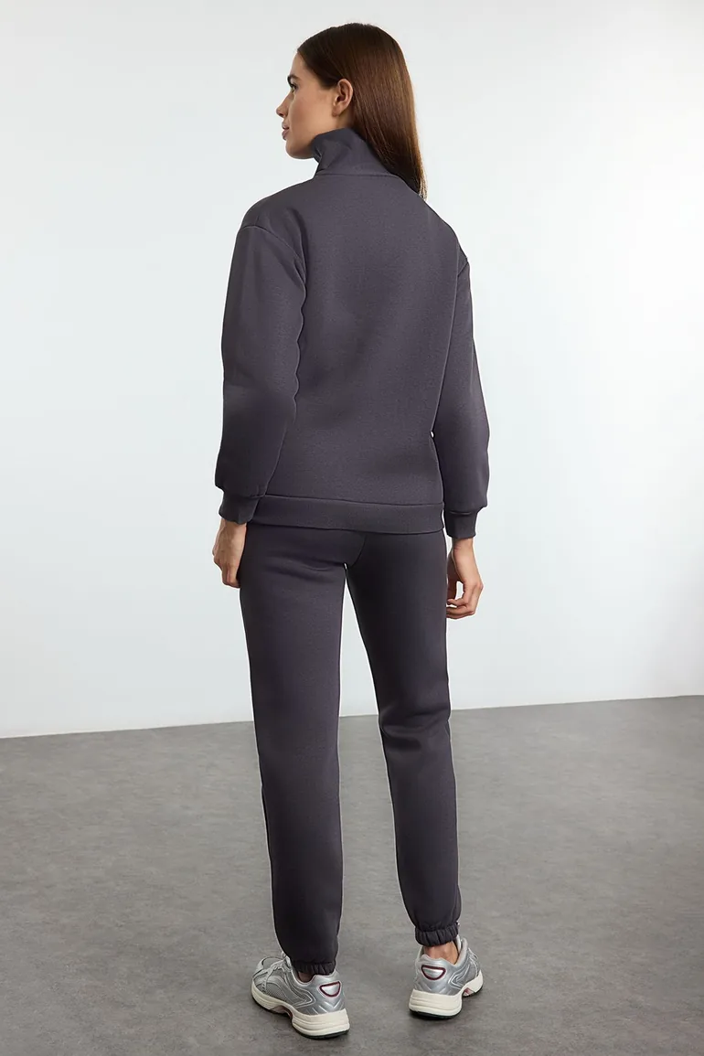 Anthracite Thick Polar Fleece Zippered Stand Collar Jogger Knitted Tracksuit - 4