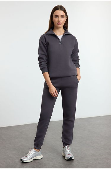 Anthracite Thick Polar Fleece Zippered Stand Collar Jogger Knitted Tracksuit
