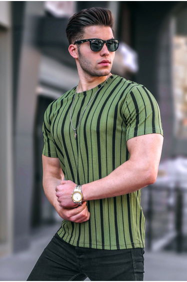 Khaki Striped Crew Neck Men's T-Shirt