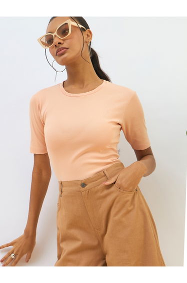 Peach Ribbed Short Sleeves Top