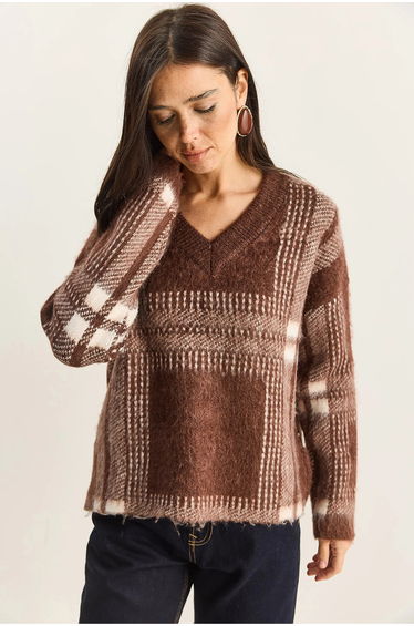 LUCCI Plaid V-Neck Long Sleeve Knit Sweater