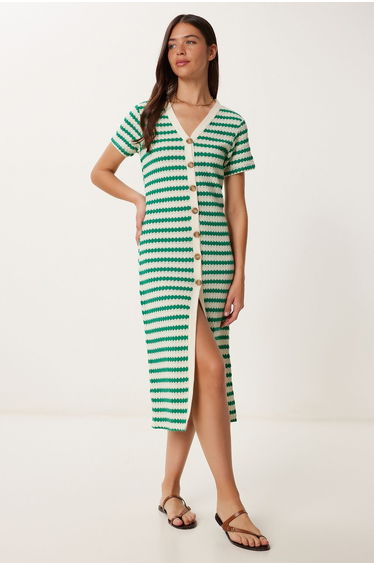 Women's Green Cream Striped Crochet Embroidered Mercerized Knit Dress