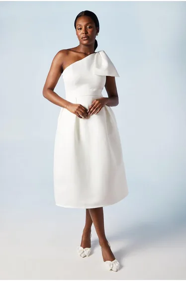 Statement Bow Bardot Bridal Midi Dress