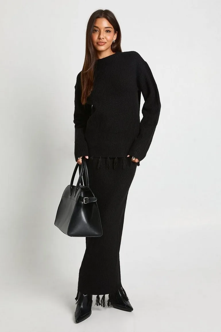 Tassel Hem Detail Oversized Jumper and Knitted Skirt Co-Ord - black