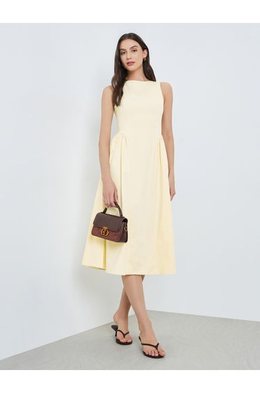 Yellow Solid Sleeveless Midi Dress